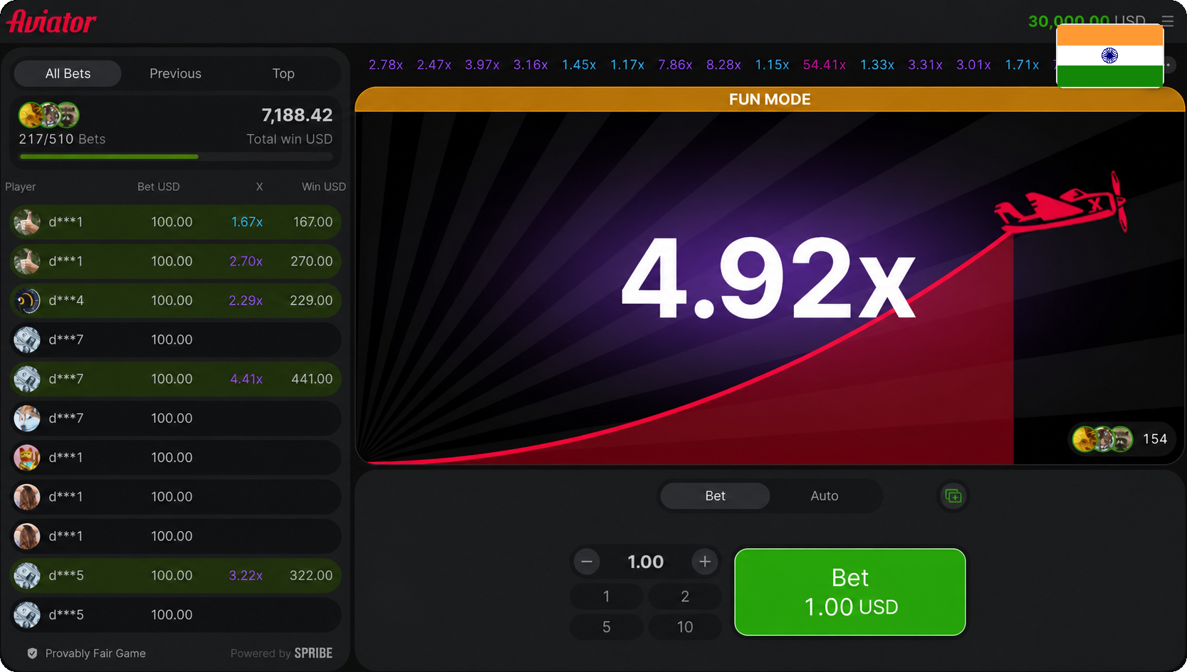 Aviator desktop game screen showing 4.92x multiplier