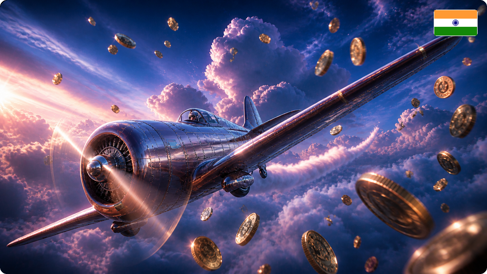 Aviator Plane With Coins Sky India Aviator plane flying through coins in the sky